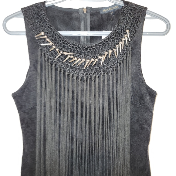 Black fringe tank style bodycon dress with spiked studs and fringe sz Large NWT - Picture 3 of 12